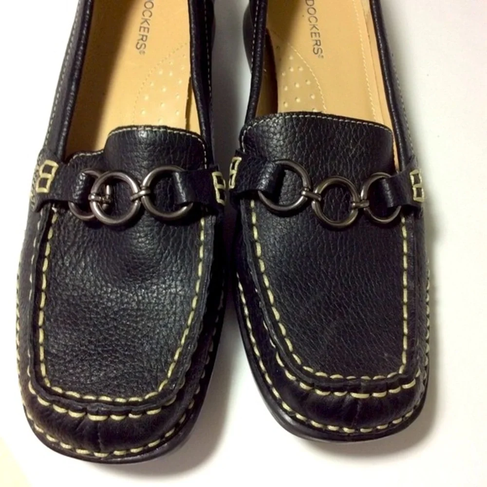 Dockers CEDRAK Black Leather Loafers Gunmetal Circle Bit White Topstitching - Picture 5 of 6